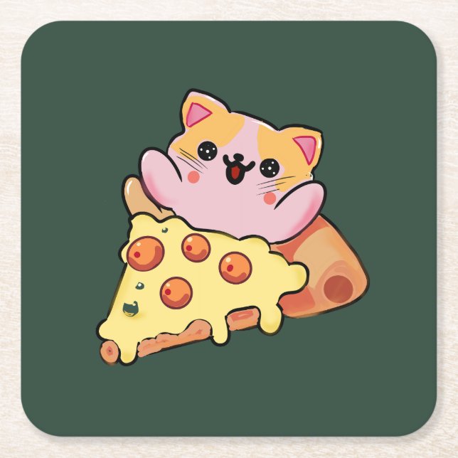 Custom Kawaii Cat Hugging Pepperoni Pizza Cartoon Square Paper Coaster (Front)