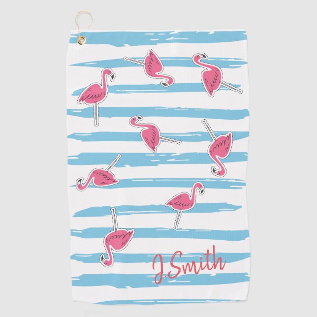 Custom Kawaii Cute Summer Tropical Flamingos Golf Towel (Front)