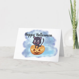 Custom Kawaii Halloween Black Cat Pumpkin Holiday Card