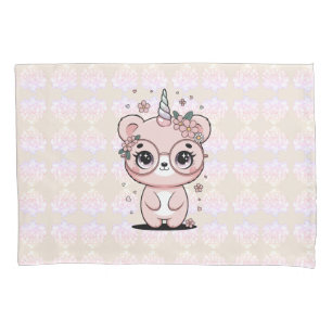 Custom Kawaii Unicorn Bear Face Floral Glasses Pillowcase