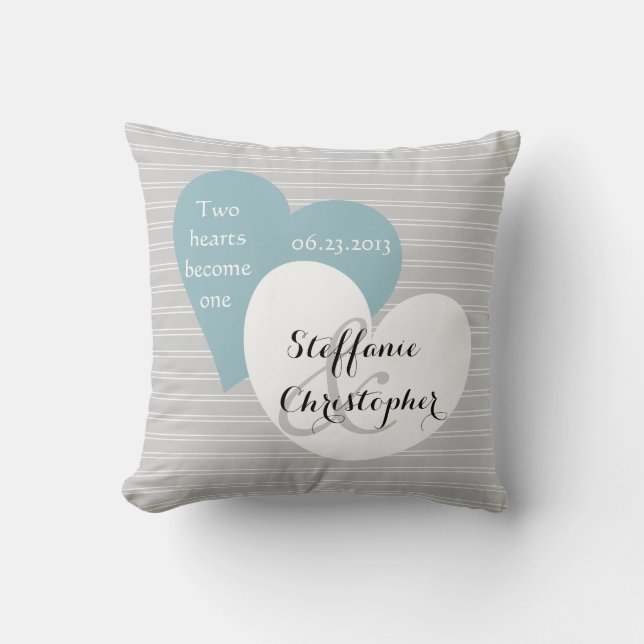 Custom Keepsake Wedding, Grey Pinstripe, Hearts Throw Pillow (Front)