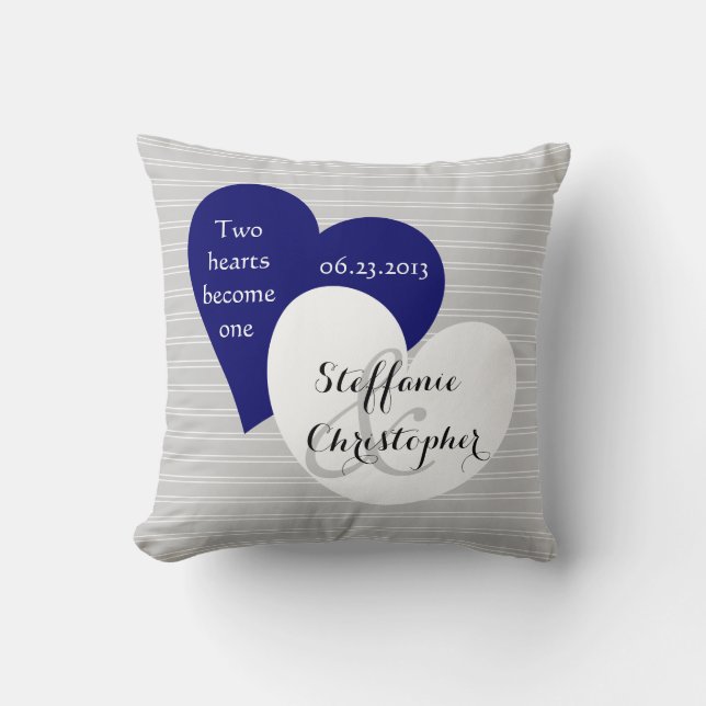 Custom Keepsake Wedding, Grey Pinstripe, Hearts Throw Pillow (Front)