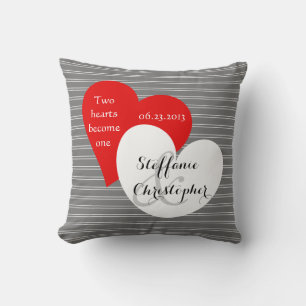 Custom Keepsake Wedding, Grey Pinstripe, Hearts Throw Pillow