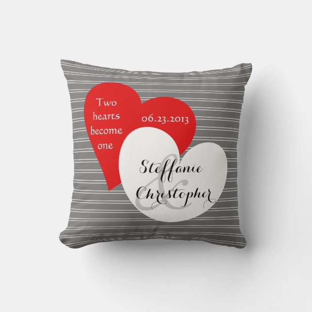 Custom Keepsake Wedding, Grey Pinstripe, Hearts Throw Pillow (Front)