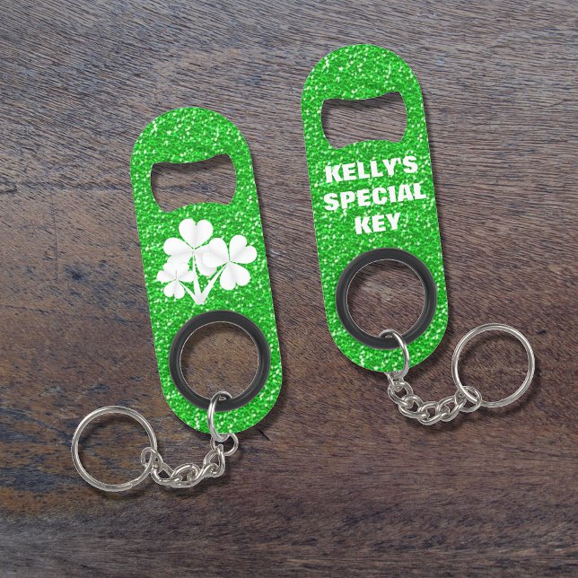 Custom•Kelly Green Glitter White Shamrocks Mini Bottle Opener (Creator Uploaded)