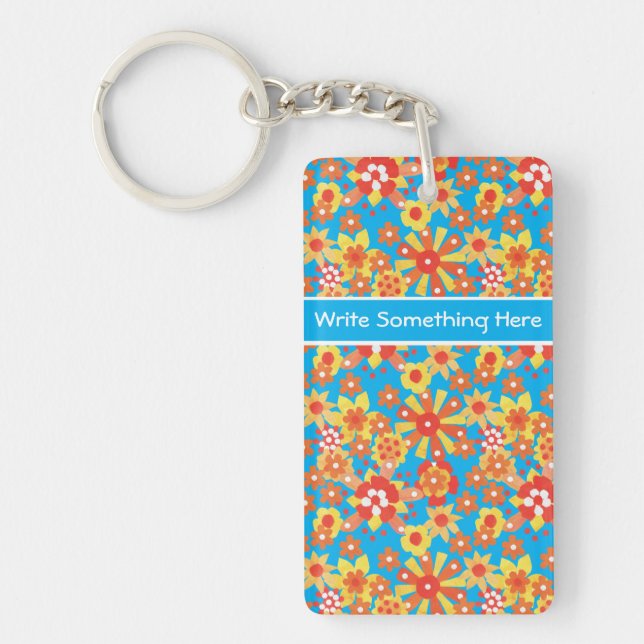 Custom Keychain: Ditzy Orange Flowers on Blue Keychain (Front)