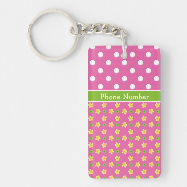 Custom Keychain: Primroses and Polkas on Deep Pink Keychain (Front)