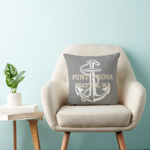 Custom Khaki Beige Brown Name White Anchor On Grey Throw Pillow