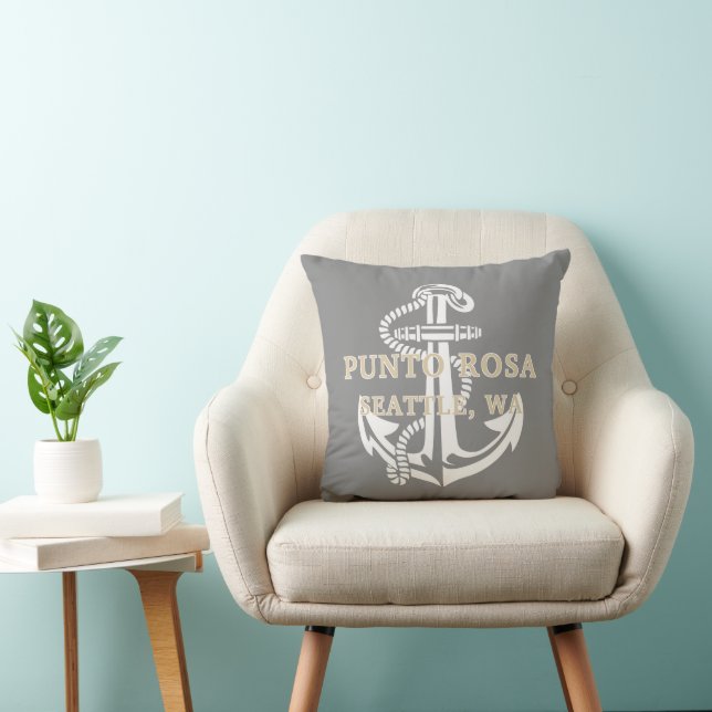 Custom Khaki Beige Brown Name White Anchor On Grey Throw Pillow (Chair)
