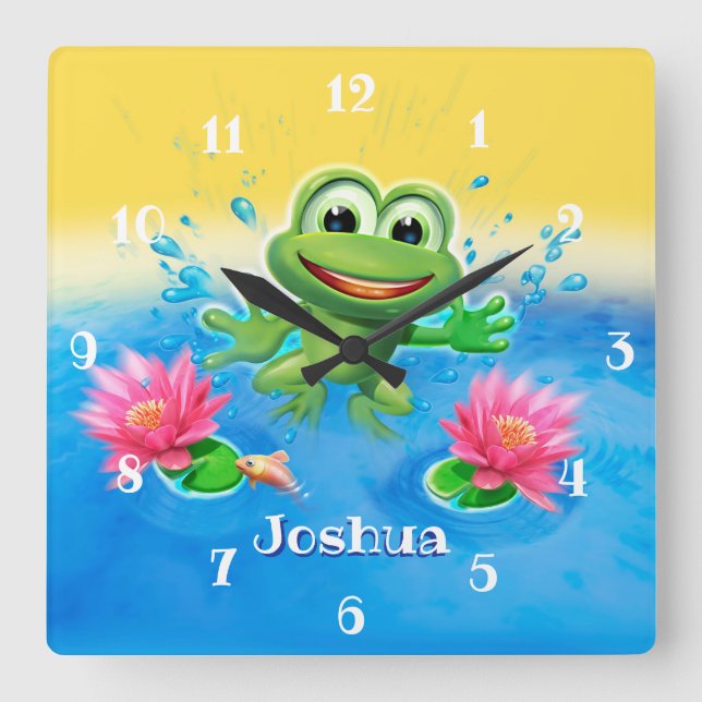 Custom Kid’s square clock Leaping frog design. (Front)