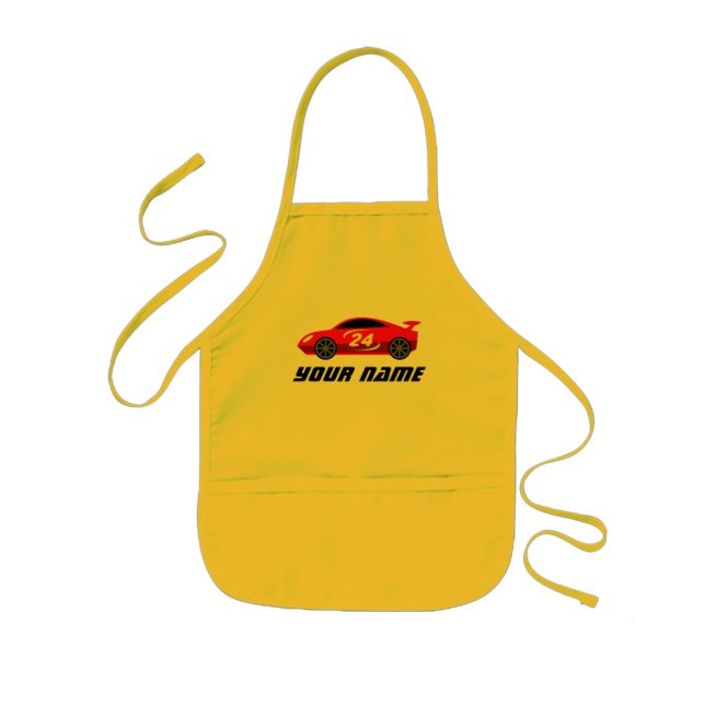 Custom kid's apron with cute red racecar drawing (Front)