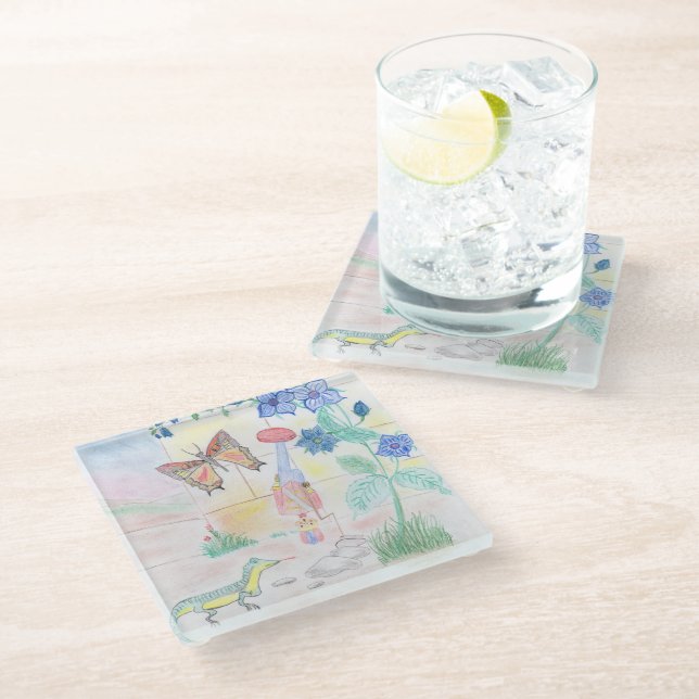 Custom Kids Artwork, Nutcracker toy, butterfly,  Glass Coaster (Angled)