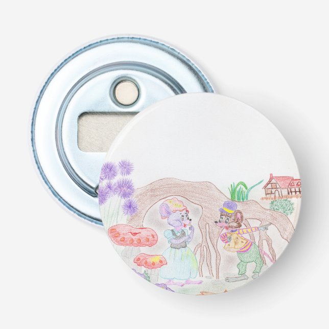 Custom Kids Artwork, two cute mouse, flowers.... Bottle Opener (Front)
