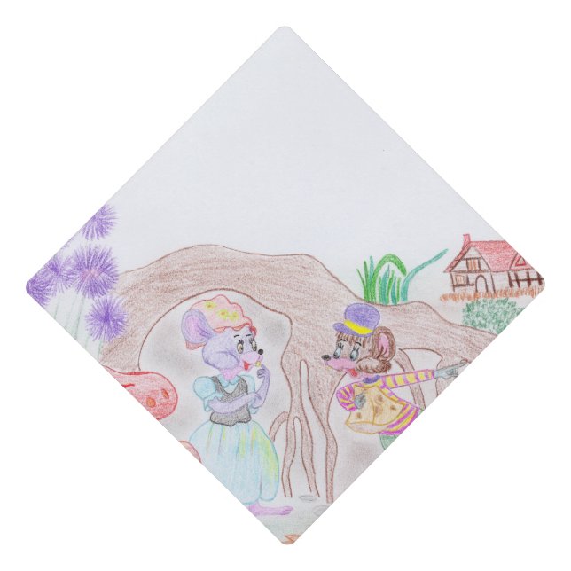 Custom Kids Artwork, two cute mouse, flowers.... Graduation Cap Topper (Front)