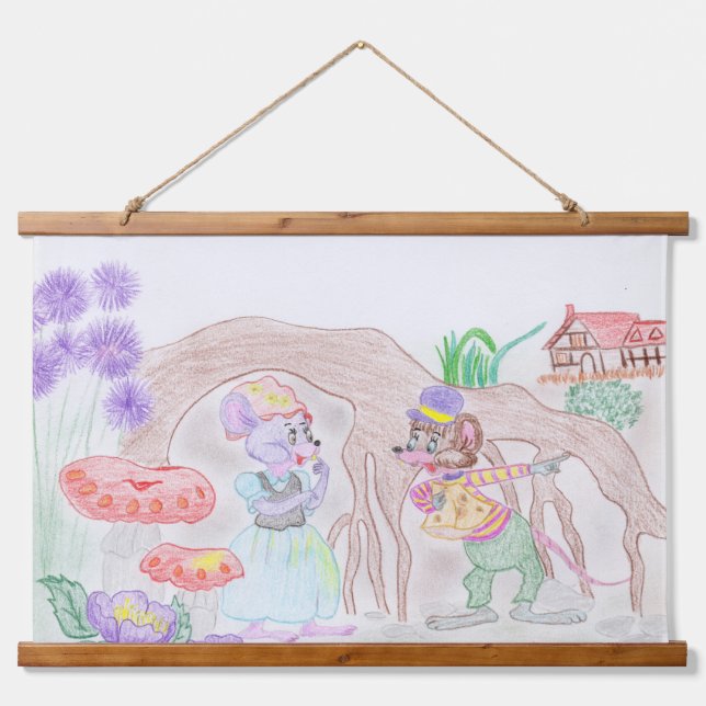 Custom Kids Artwork, two cute mouse, flowers.... Hanging Tapestry (Front)