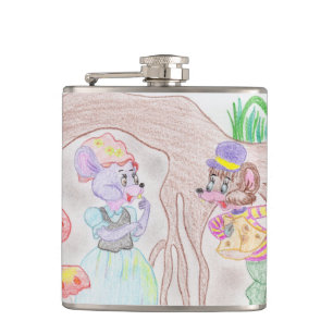 Custom Kids Artwork, two cute mouse, flowers.... Hip Flask