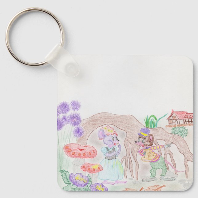 Custom Kids Artwork, two cute mouse, flowers.... Keychain (Front)