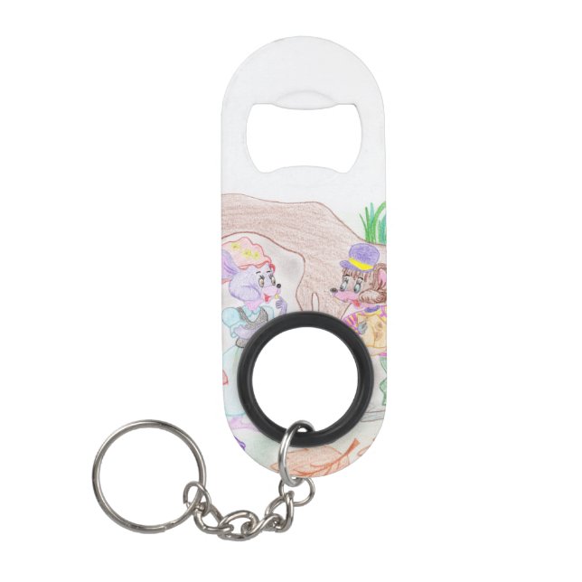 Custom Kids Artwork, two cute mouse, flowers.... Keychain Bottle Opener (Front)