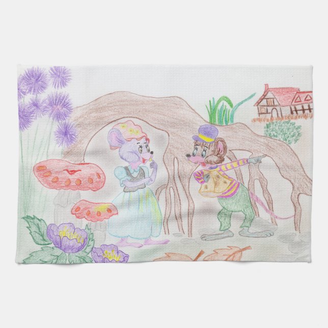 Custom Kids Artwork, two cute mouse, flowers.... Kitchen Towel (Horizontal)