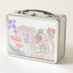 Custom Kids Artwork, two cute mouse, flowers.... Metal Lunch Box