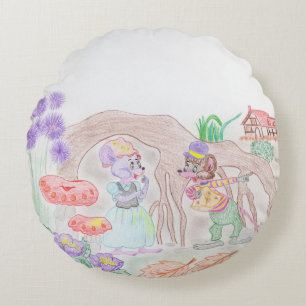 Custom Kids Artwork, two cute mouse, flowers.... Round Pillow
