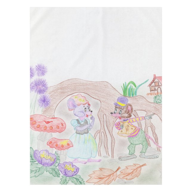 Custom Kids Artwork, two cute mouse, flowers.... Tablecloth (Front)