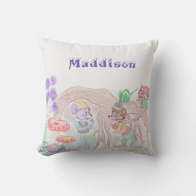 Custom Kids Artwork, two cute mouse, flowers.... Throw Pillow (Front)