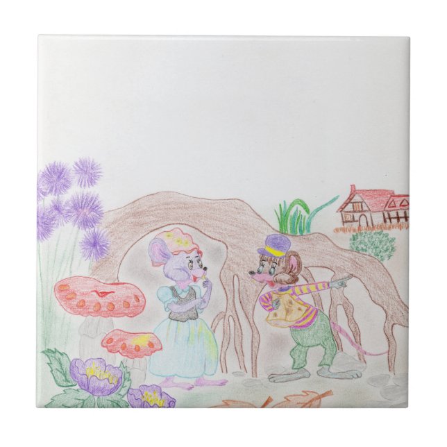 Custom Kids Artwork, two cute mouse, flowers.... Tile (Front)