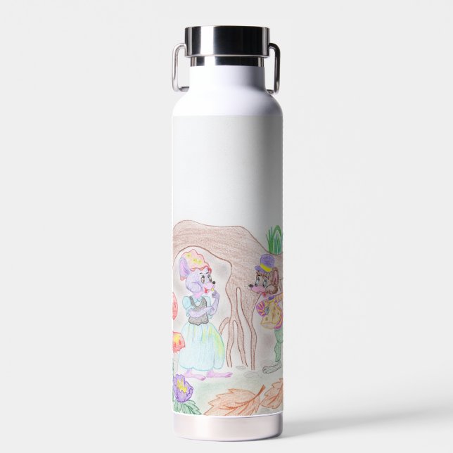 Custom Kids Artwork, two cute mouse, flowers.... Water Bottle (Front)