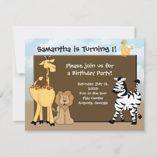 Custom Kids B-Day Invite, Jungle Animals Invitation (Front)