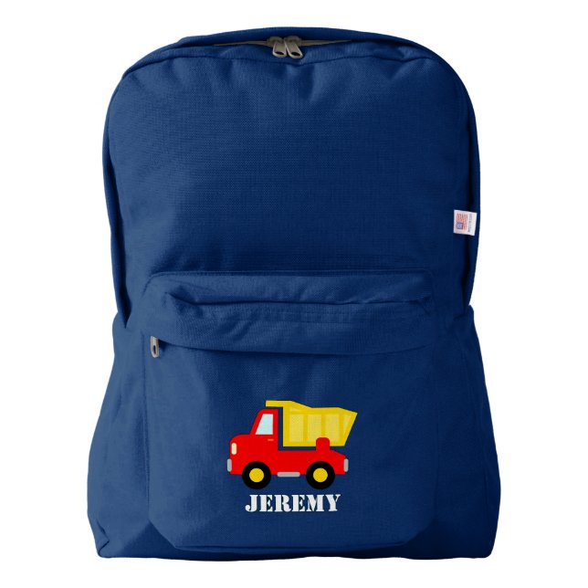 Custom kids backpack with red toy dump truck image (Front)