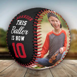 Custom Kids Birthday Age Fun Sports Photo Gift Baseball<br><div class="desc">This Baller is now YOUR AGE HERE! Fun sporty birthday gift for your baseball fan! Customize with your 2 kids' photos,  name and age! Simple,  modern sports jersey typography in black and red make this a cool and useful keepsake birthday gift for the whole year!</div>