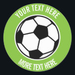 Custom kids Birthday party favour soccer ball spor Classic Round Sticker<br><div class="desc">Custom kids Birthday party favour soccer ball sport logo stickers or envelope seals. Personalized accessories for boy or girl Birthday party celebration. Add your own name, funny quote or saying, slogan etc. Cute sporty template design for coach and players. Green or custom colour background. Also handy for gift wrapping during...</div>