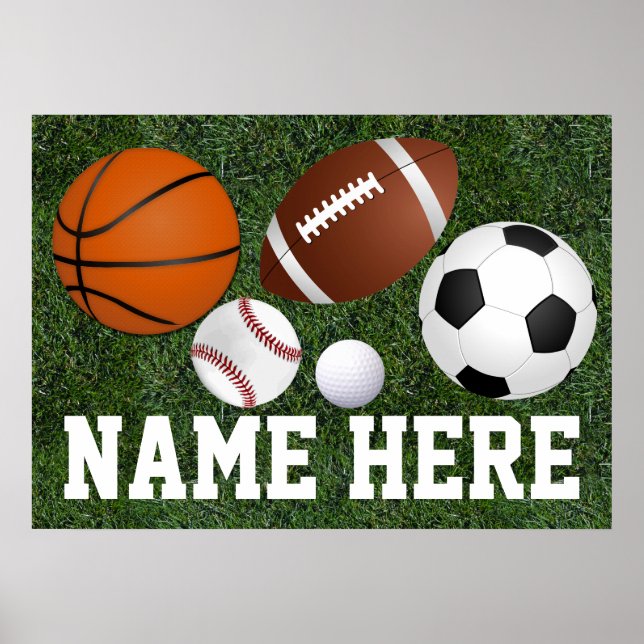 Custom Kids Boys Name Multi Sports Wall Art Poster (Front)