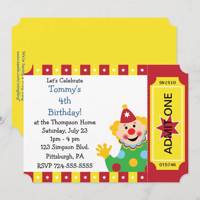 Custom Kids Clown Birthday Party Invitation (Front/Back)