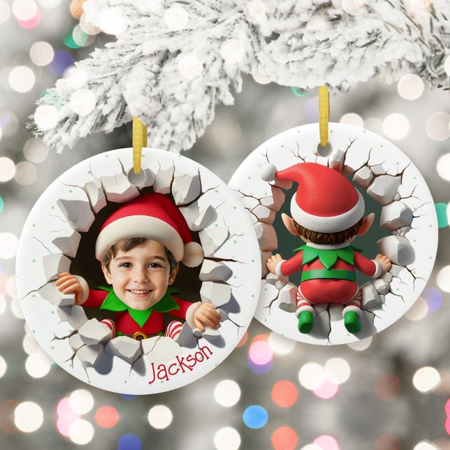 Custom Kids Face Photo Funny Christmas Elf Name Ceramic Ornament (Funny custom kids face photo crashing Christmas elf personalized name keepsake holiday ornament gift)