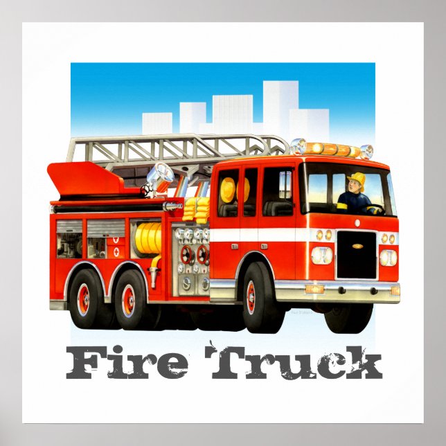 Custom Kid's Giant Red Fire Truck Art Poster (Front)
