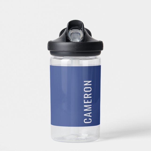Custom Kids Name Back To School Boys Simple Blue Water Bottle (Front)