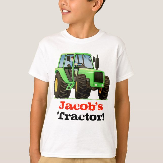 Custom Kids Name Big Green Farm Tractor T-Shirt (Front)