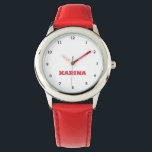 Custom Kids Name Steel Red Leather Girls Watch<br><div class="desc">Custom,  Kids,  Name,  steel red leather girls watch. Personalize it with your child's name.</div>