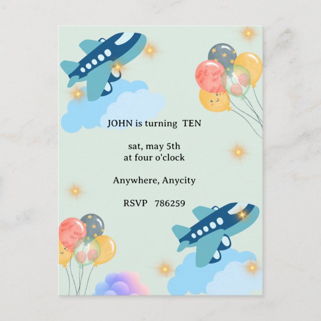 Custom Kids Party Invite with Clouds & Balloons (Front)