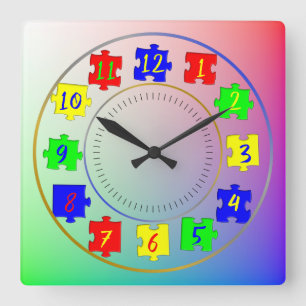 Custom Kid's Photos, Colour Jigsaw Pieces, Numbers Square Wall Clock