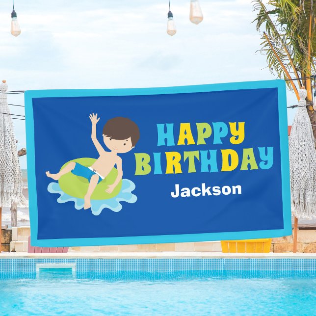 Custom Kids Pool Party Boys Birthday Banner (Creator Uploaded)