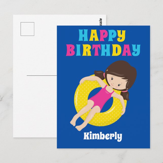 Custom Kids Pool Party Summer Happy Birthday Postcard (Front/Back)