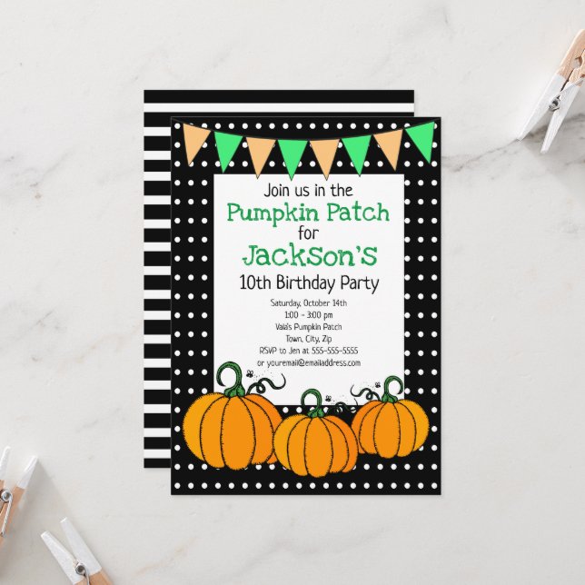 Custom Kids Pumpkin Patch Birthday  Invitation (Front/Back In Situ)