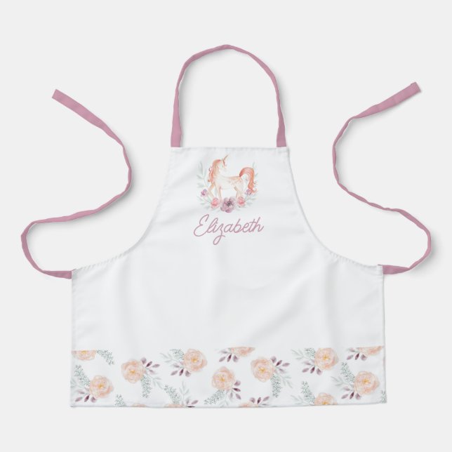 Custom Kids Purple Floral Unicorn School Apron (Front)