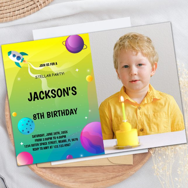 Custom Kids Space Party Invite (Yellow Green Outer Space Birthday Invitations phot)