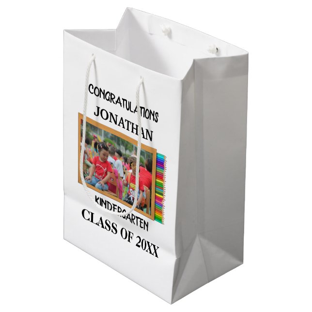 Custom kindergarten graduate chalkboard photo medium gift bag (Front Angled)