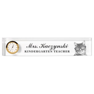 Custom kindergarten school teacher cute cat clock nameplate