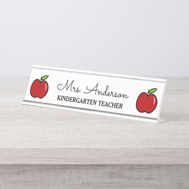 Custom kindergarten school teacher red apple logo desk name plate (Front)